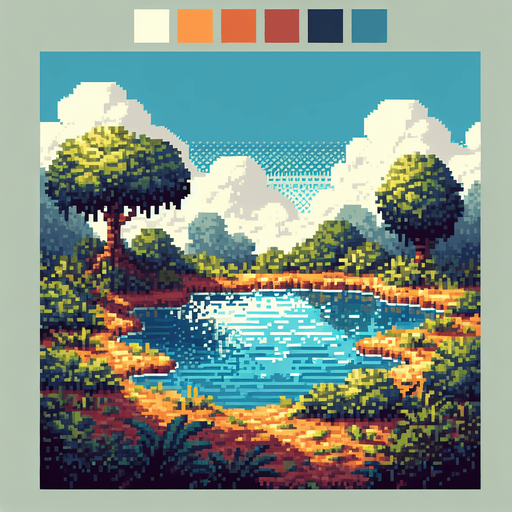 background of a pond in the middle of the nature. pixelated 8-bit.
Single Game Texture. In-Game asset. 2d. Blank background. High contrast. No shadows.