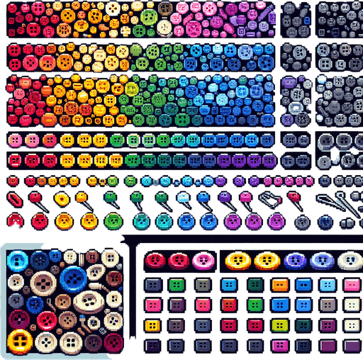 Create a sprite sheet featuring various sewing buttons. Each button should be distinct, with a cohesive color scheme containing a wide range of rainbow colors. The style should be detailed pixel art, reminiscent of classic 8-bit era video game. Arrange the components on a dark background, with each part neatly aligned in rows and columns for easy identification and use in game development..
Single Game Texture. In-Game asset. 2d. Blank background. High contrast. No shadows.