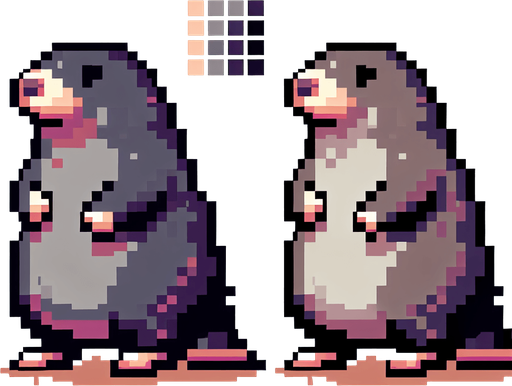 pixel art. mole. standing up position..
Single Game Texture. In-Game asset. 2d. Blank background. High contrast. No shadows.