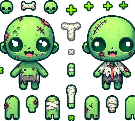 cute zombie in green.
Single Game Texture. In-Game asset. 2d. Blank background. High contrast. No shadows. top down view. bird view