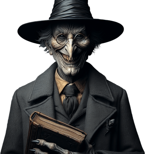 Old gloomy teacher witch with a malicious smile, with glasses, a twisted nose and a black conical hat, holding a book and looking at the camera.
Torso head and hat should appear