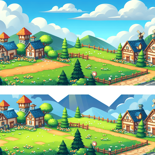 Bluno cartoon village background.
Single Game Texture. In-Game asset. 2d. Blank background. High contrast. No shadows.