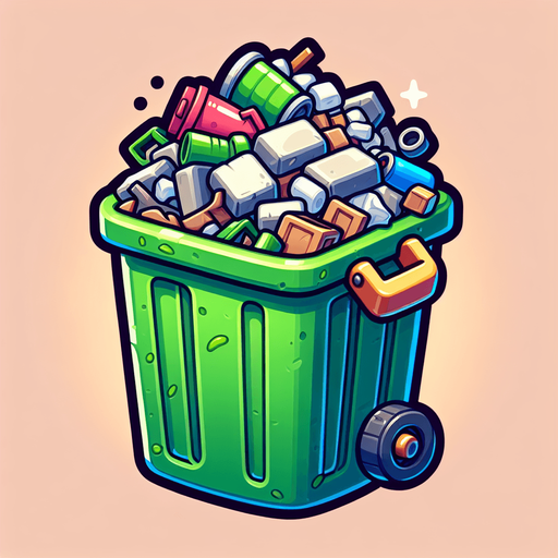 Create a cartoon-style illustration of an overfilled thrashcan.
Single Game Texture. In-Game asset. 2d. Blank background. High contrast. No shadows.