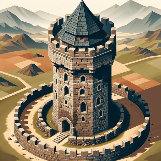 a medieval style stone tower. top down view. Single Game Texture. In-Game asset. 2d. Blank background. High contrast. No shadows.