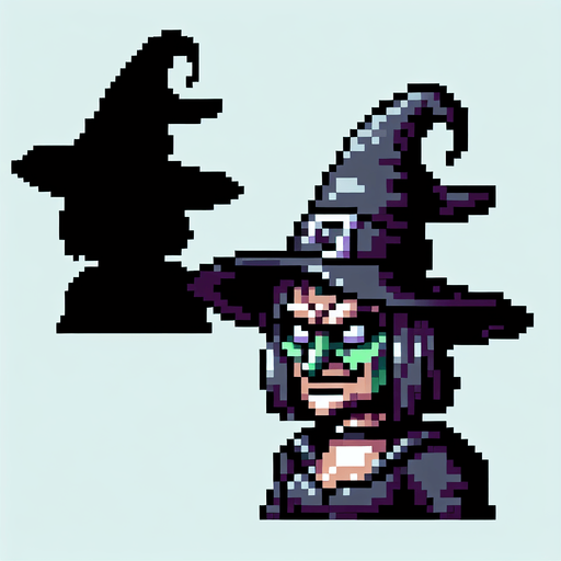 cartoon 8bit evil witch..
Single Game Texture. In-Game asset. 2d. Blank background. High contrast. No shadows.