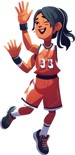 Create a cartoon-style illustration of a basketball player in a shooting pose with hands raised in the air. This character should not be holding a basketball. Emphasize the cartoonish features, exaggerate expressions, and ensure the absence of a basketball in the scene. The goal is to capture a lively and playful cartoon character ready to shoot, with a focus on dynamic and exaggerated elements.