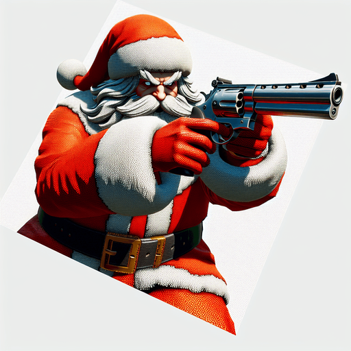 over the shoulder santa firing a revolver Single Game Texture. In-Game asset. 2d. Blank background. High contrast. No shadows.