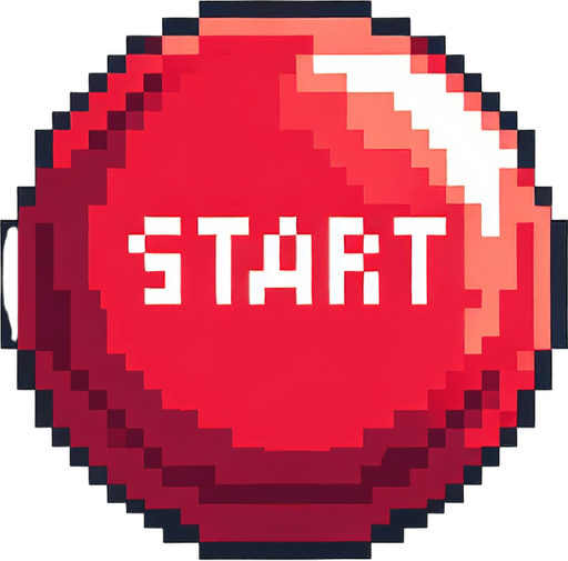 pixel art of a large, round, red start button.