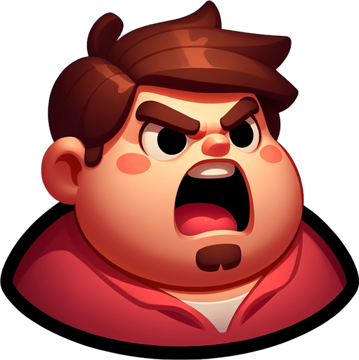 small figure of one funny and fat angry man, with brown beard and open mouth,   2d game character.
Single Game Texture. In-Game asset. 2d. Blank background. High contrast. No shadows.