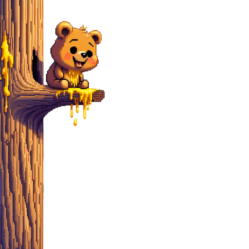 pixel art. a full screen illustration. a likeable and very content little bear cub with a punctured and deflated red baloon is looking down from an incredibly tall redwood tree, inspecting where to get a foothold in order to climb down. The baloon has a puncture in it, from a bee sting, where air is visible flowing out of it, deflating it. the bear's face and fur is smeared a bit with all the delicious golden yellow honey he just ate, which he is enjoying and feeling satiated from. The picture should adhere to the bear's perspective, looking down the tall tree trunk towards the green meadow beneath him. It's a bright summer day with a clear blue sky. Mountains in the distance..
Single Game Texture. In-Game asset. 2d. Blank background. High contrast. No shadows.