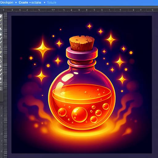 potion magique orange.
Single Game Texture. In-Game asset. 2d. Blank background. High contrast. No shadows.