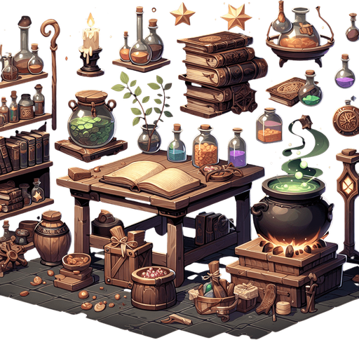 atelier de sorciere.
Single Game Texture. In-Game asset. 2d. Blank background. High contrast. No shadows.