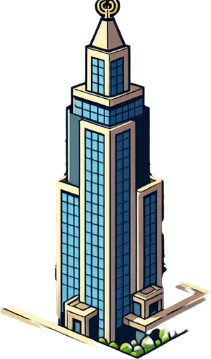 make a city with a sky scaper and a triskelion.
Single Game Texture. In-Game asset. 2d. Blank background. medium contrast. No shadows. cartoony. birdside view. full body. not facing the camera