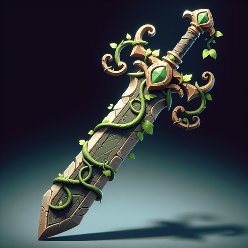 Magical elemental crystal sword made of stone and green vines..
Single Game Texture. In-Game asset. 2d. Blank background. High contrast. No shadows.