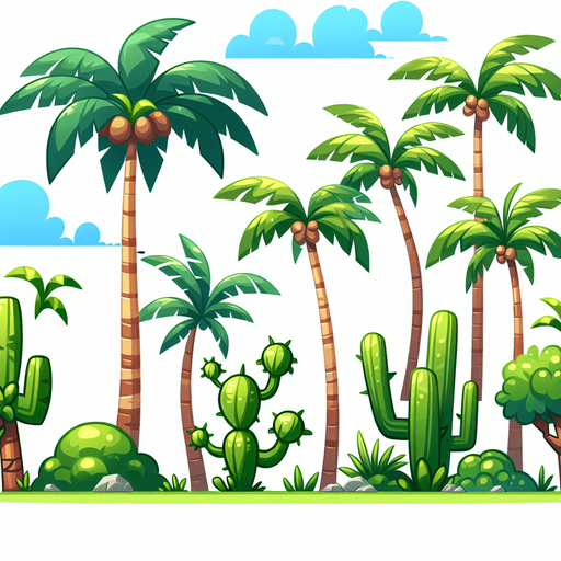 Create a cartoon-style illustration of palm trees. The goal is to capture a lively and playful location.
Single Game Texture. In-Game asset. 2d. Blank background. High contrast. No shadows.