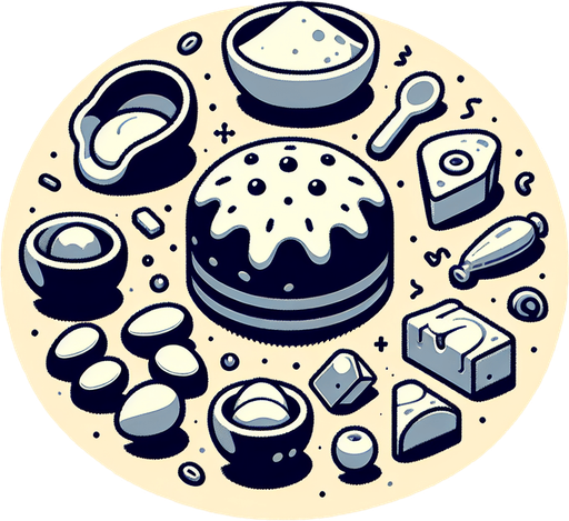 Cake ingredients.
Single Game Texture. In-Game asset. 2d. Blank background. High contrast. No shadows.