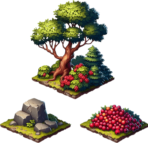 A tree a rock and crambery in a RTS style Single Game Texture. In-Game asset. 2d. Blank background. High contrast. No shadows.