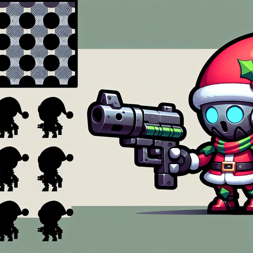 2d christmas evil robot elf with a gun Single Game Texture. In-Game asset. 2d. Blank background. High contrast. No shadows. Single Game Texture. In-Game asset. 2d. Blank background. High contrast. No shadows.