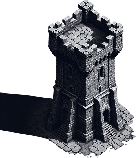 a medieval style stone tower. top down view. Single Game Texture. In-Game asset. 2d. Blank background. High contrast. No shadows.