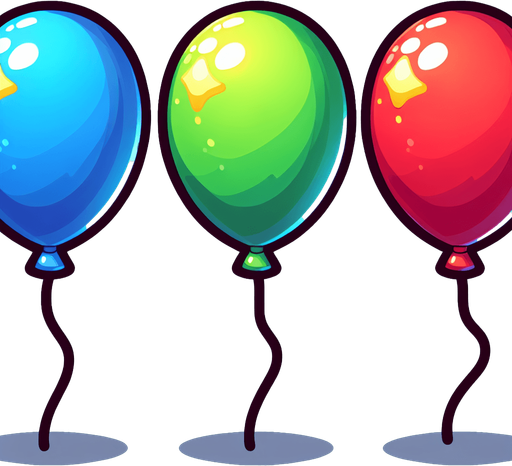 Blue, Green, Red Ballons..
Single Game Texture. In-Game asset. 2d. Blank background. High contrast. No shadows.