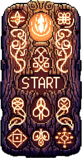 A start button for an elf game in a magic forest.
Pixel art.