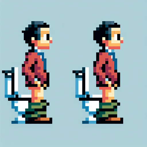 sprite sheet of an 8-bit pixelated character seen from the sides. This has two stances, of the character standing up and the other sitting down with his pants down as if taking a poop.
Single Game Texture. In-Game asset. 2d. Blank background. High contrast. No shadows.