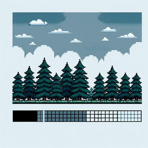 8-bit pixelated pinetree forest.
Single Game Texture. In-Game asset. 2d. Blank background. High contrast. No shadows.