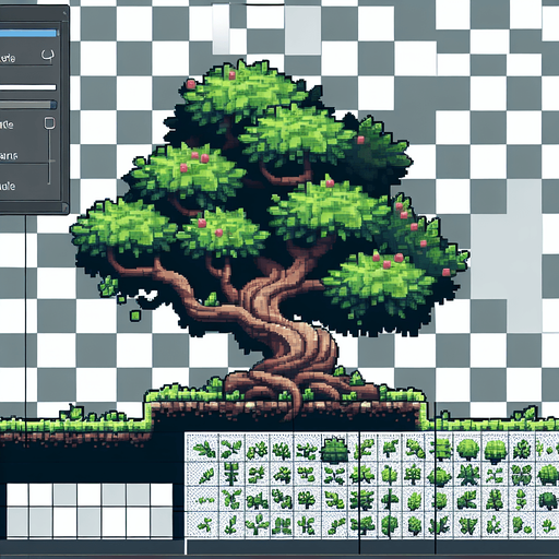 A 2D pixel of a tree asset transparent.
Single Game Texture. In-Game asset. 2d. Blank background. High contrast. No shadows.