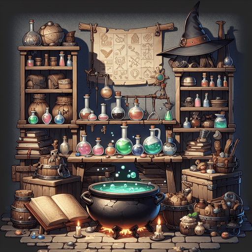 atelier de sorciere.
Single Game Texture. In-Game asset. 2d. Blank background. High contrast. No shadows.