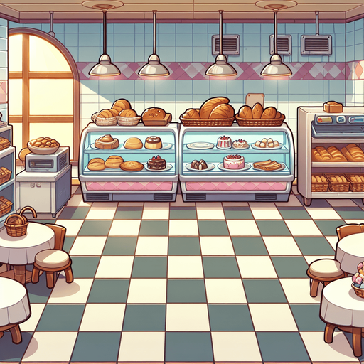 Cartoon bluno background of a bakery.
Single Game Texture. In-Game asset. 2d. Blank background. High contrast. No shadows.