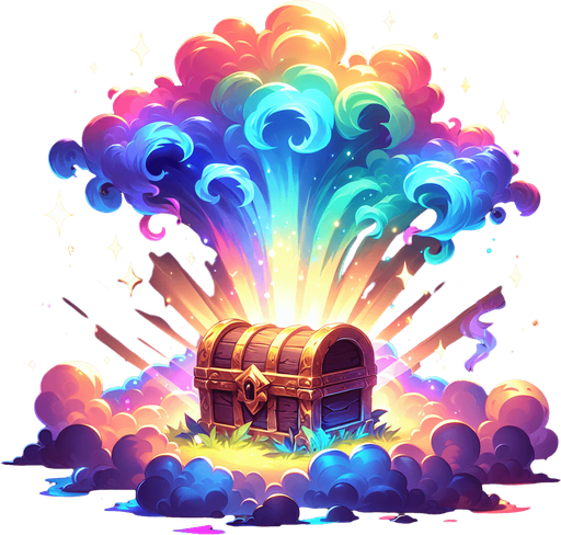 Magical treasure chest surrounded by a gaseous aura of rainbow colored magical energy..
Single Game Texture. In-Game asset. 2d. Blank background. High contrast. No shadows.