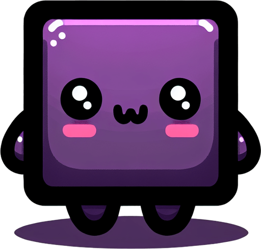 a cute purple square with two black arms and legs with a face and blush.
Single Game Texture. In-Game asset. 2d. Blank background. High contrast. No shadows.