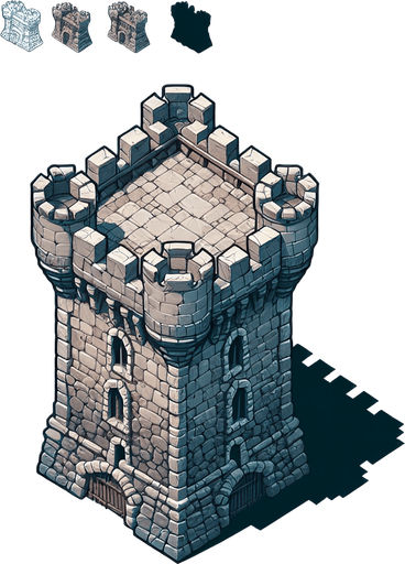 a medieval style stone tower. top down view. Single Game Texture. In-Game asset. 2d. Blank background. High contrast. No shadows.