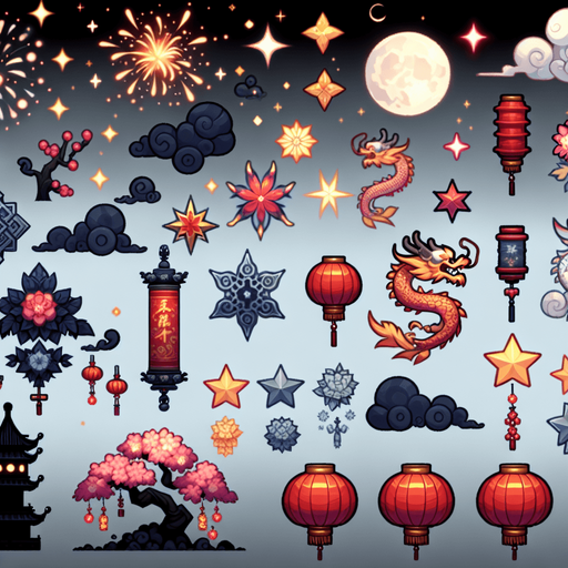 Chinese new years, celestial realm.
Single Game Texture. In-Game asset. 2d. Blank background. High contrast. No shadows.