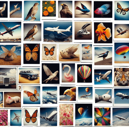 a multitude of polaroids in bulk, with photos of birds, fishes, butterflies, planes, hot air baloons, satelites, dragonflies.....