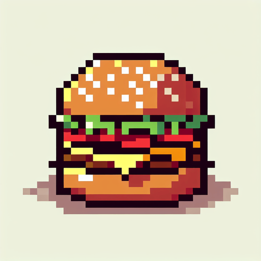 hamburger. pixelated. 8-bit.
Single Game Texture. In-Game asset. 2d. Blank background. High contrast. No shadows.