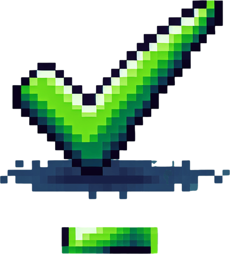 pixel art of a green checkmark.
Single Game Texture. In-Game asset. 2d. Blank background. High contrast. No shadows.