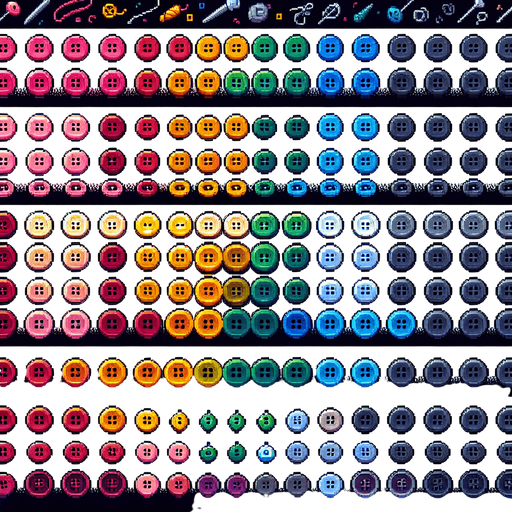 Create a sprite sheet featuring various sewing buttons. Each button should be distinct, with a cohesive color scheme containing a wide range of rainbow colors. The style should be detailed pixel art, reminiscent of classic 8-bit era video game. Arrange the components on a dark background, with each part neatly aligned in rows and columns for easy identification and use in game development..
Single Game Texture. In-Game asset. 2d. Blank background. High contrast. No shadows.