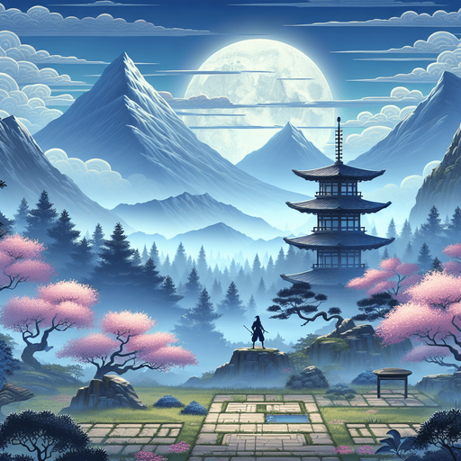 a japanees ninja game landscape background with montains far.