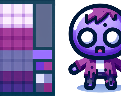 cute zombie in purple.
Single Game Texture. In-Game asset. 2d. Blank background. High contrast. No shadows. top down view. bird view