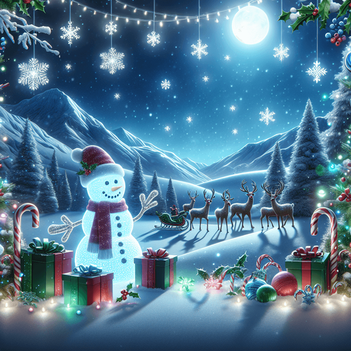 a feeric christmas landscape at night with a snow man , candy canes ,holly leafs and snow flakes, Santa's reindeers, green, red and blue presents Background image