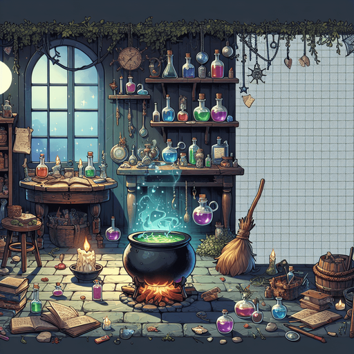 atelier de sorciere.
Single Game Texture. In-Game asset. 2d. Blank background. High contrast. No shadows.