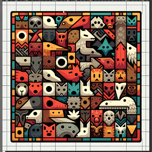 Patchwork of heads of plenty animals..
Single Game Texture. In-Game asset. 2d. Blank background. High contrast. No shadows.