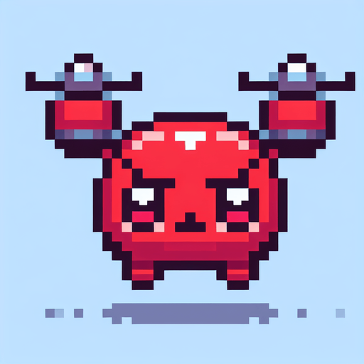 cute red enemy flying drone. angry eyes. pixelated. 8 bit..
Single Game Texture. In-Game asset. 2d. Blank background. High contrast. No shadows.