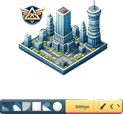 make a city with a sky scaper and a triskelion.
Single Game Texture. In-Game asset. 2d. Blank background. medium contrast. No shadows. cartoony. birdside view. full body. not facing the camera