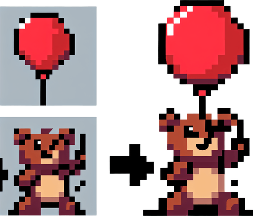 pixelart. a smiling brown bear holding a red baloon, that is lifting it upwards..
Single Game Texture. In-Game asset. 2d. Blank background. High contrast. No shadows.