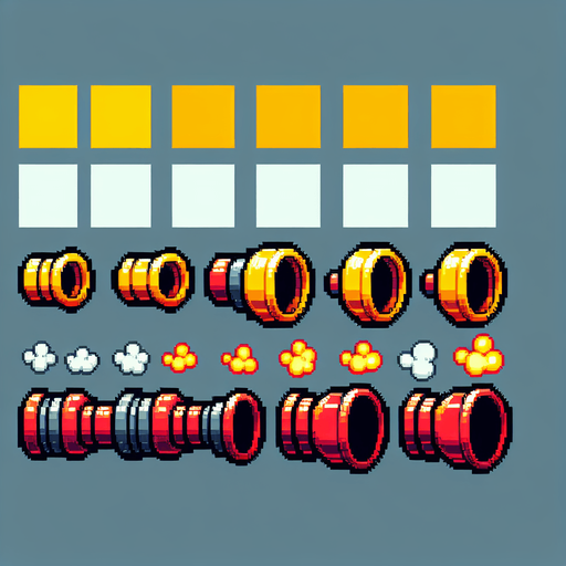 Bright yellow and red engine exhaust sprite sheet..
Single Game Texture. In-Game asset. 2d. Blank background. High contrast. No shadows.