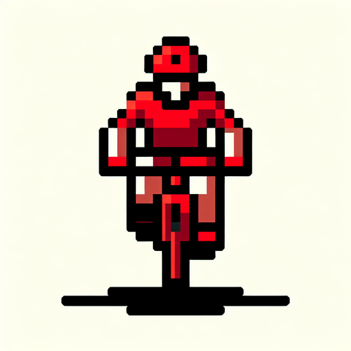 red 8-bit pixelated cyclist seen from the front. bird-eye perspective. black outline. pixelated.
Single Game Texture. In-Game asset. 2d. Blank background. High contrast. No shadows.