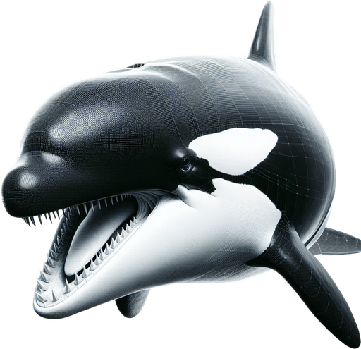 Straight horizontal Orca. Mouth open.
2024 game style. Photorealistic. Full side view