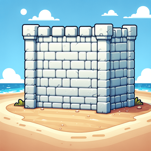 Create a cartoon-style illustration of a white wall of bricks on a beach.
Single Game Texture. In-Game asset. 2d. Blank background. High contrast. No shadows.